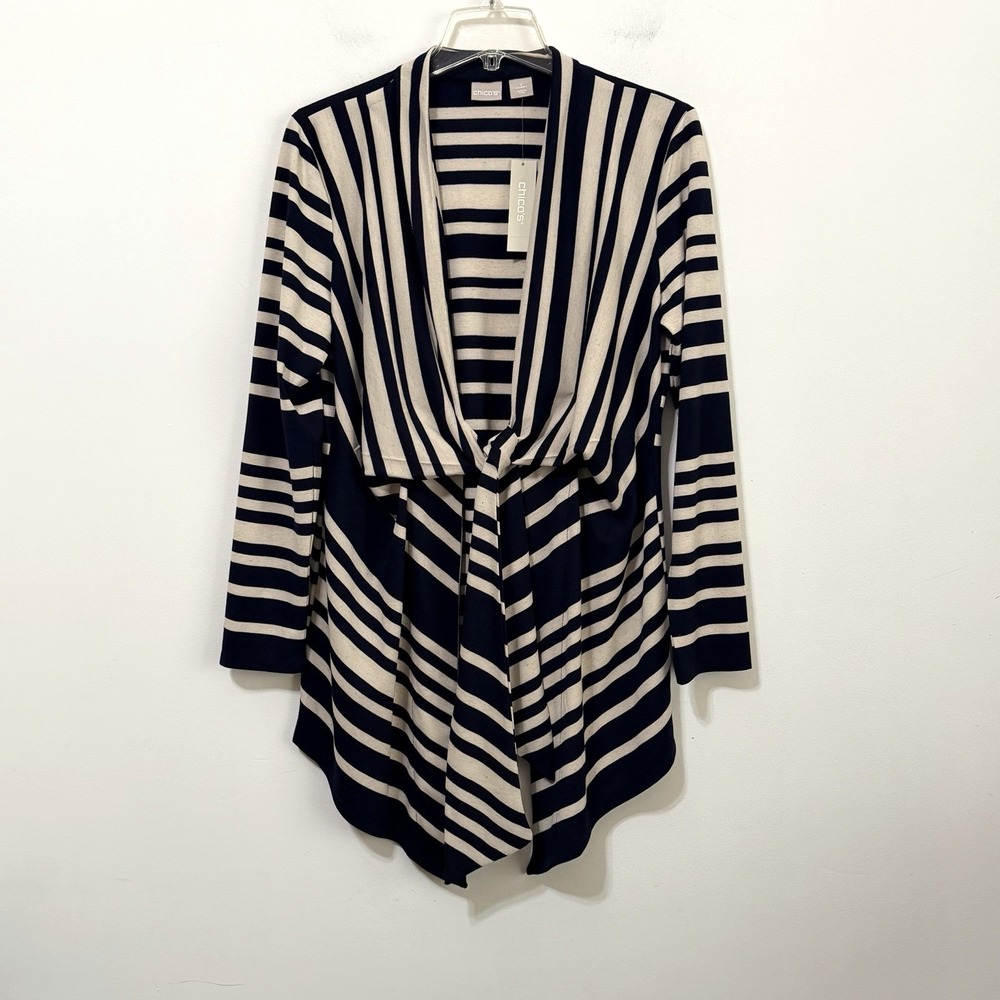 Chicos Knit Drop Shoulder‎ Cardigan 2 Large Navy White Tie Front Stripe Top NEW